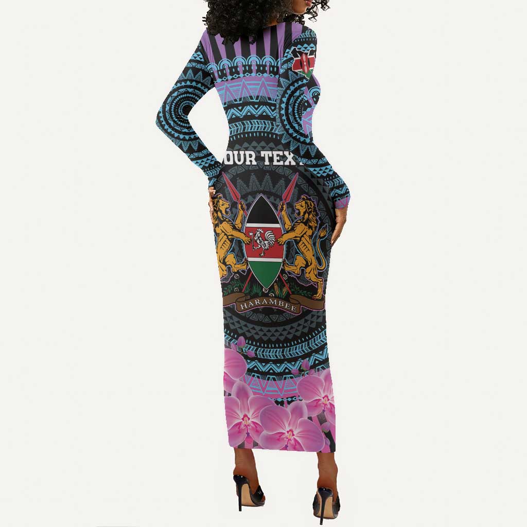 Personalised Kenya Lilac Breasted Roller Long Sleeve Bodycon Dress Orchid Flower - African Pattern LT15