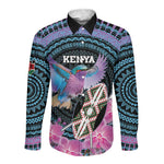 Personalised Kenya Lilac Breasted Roller Long Sleeve Button Shirt Orchid Flower - African Pattern