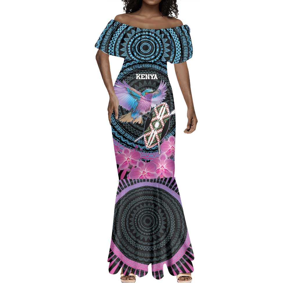 Personalised Kenya Lilac Breasted Roller Mermaid Dress Orchid Flower - African Pattern