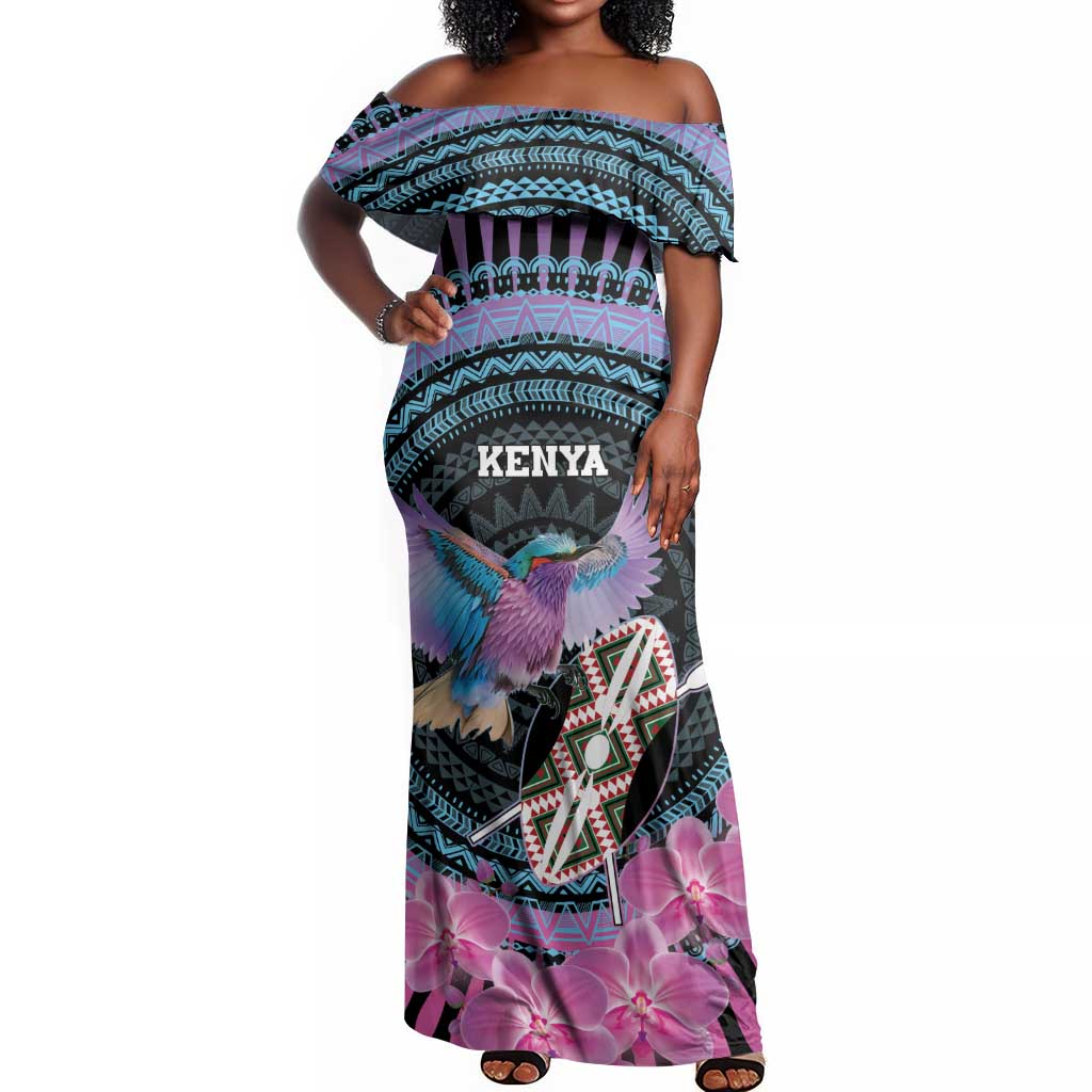 Personalised Kenya Lilac Breasted Roller Off Shoulder Maxi Dress Orchid Flower - African Pattern