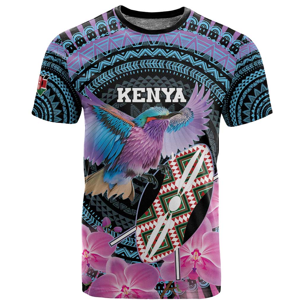 Personalised Kenya Lilac Breasted Roller T shirt Orchid Flower - African Pattern