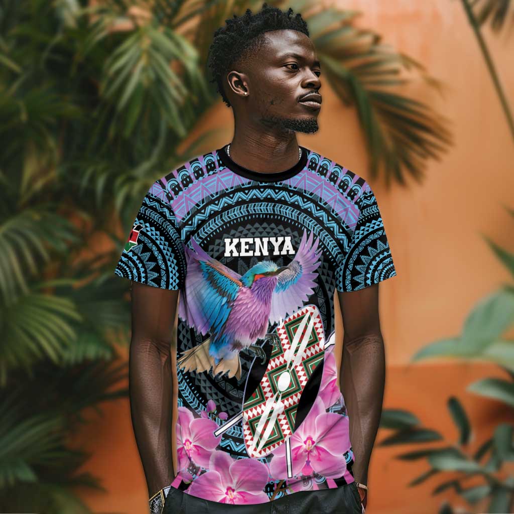Personalised Kenya Lilac Breasted Roller T shirt Orchid Flower - African Pattern