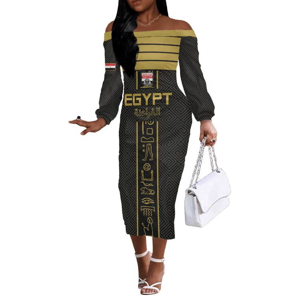 Egyptian Football Custom Off The Shoulder Long Sleeve Dress Yalla Masr - Black Ver