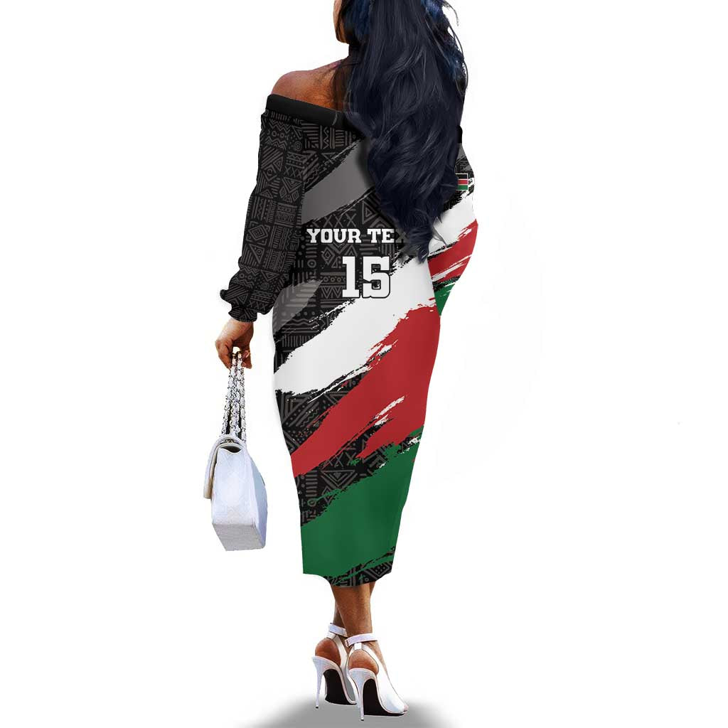 Custom Afro Kenya Off The Shoulder Long Sleeve Dress Rugby Sevens - African Pattern