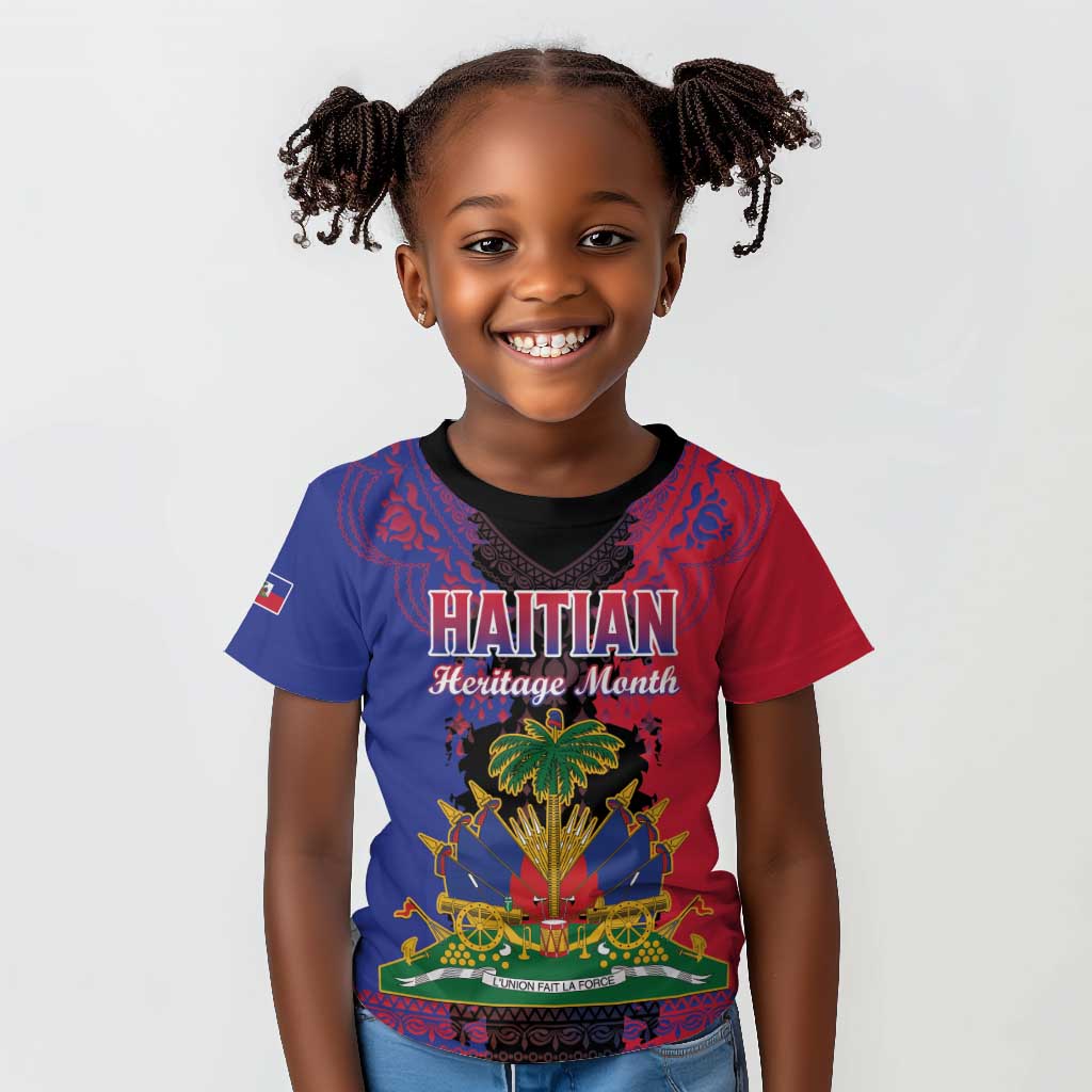 Personalised Haitian Heritage Month Kid T shirt Coat Of Arms With Dashiki Pattern
