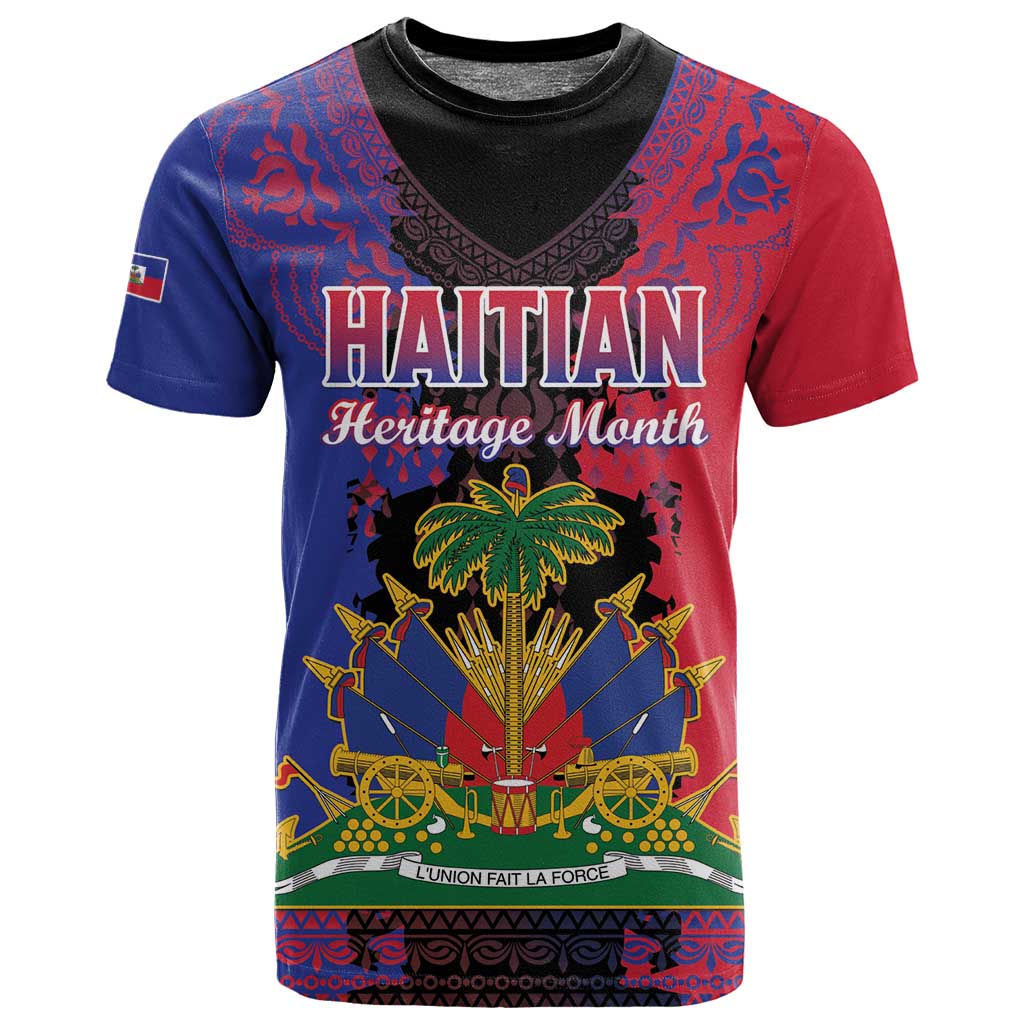Personalised Haitian Heritage Month T shirt Coat Of Arms With Dashiki Pattern