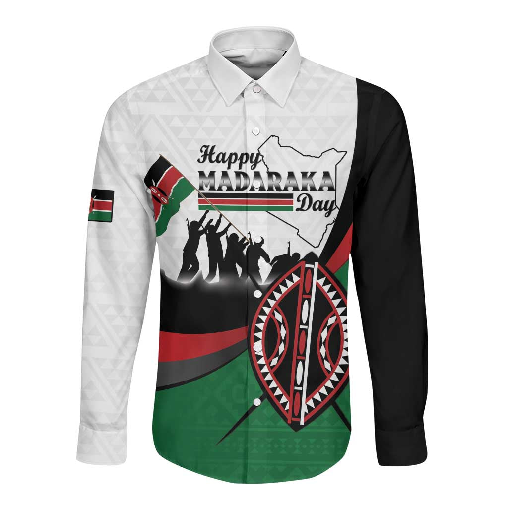 Personalised Kenya Long Sleeve Button Shirt Madaraka Day - Maasai Shield