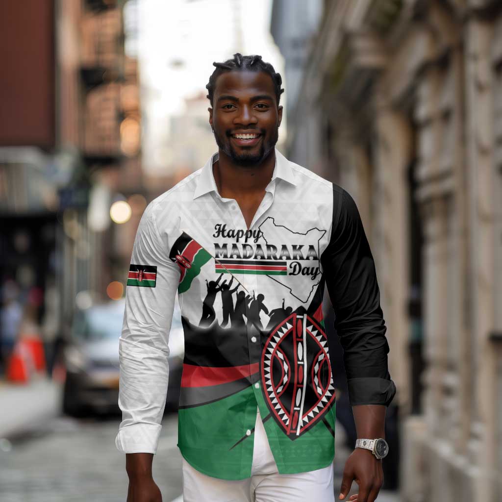 Personalised Kenya Long Sleeve Button Shirt Madaraka Day - Maasai Shield