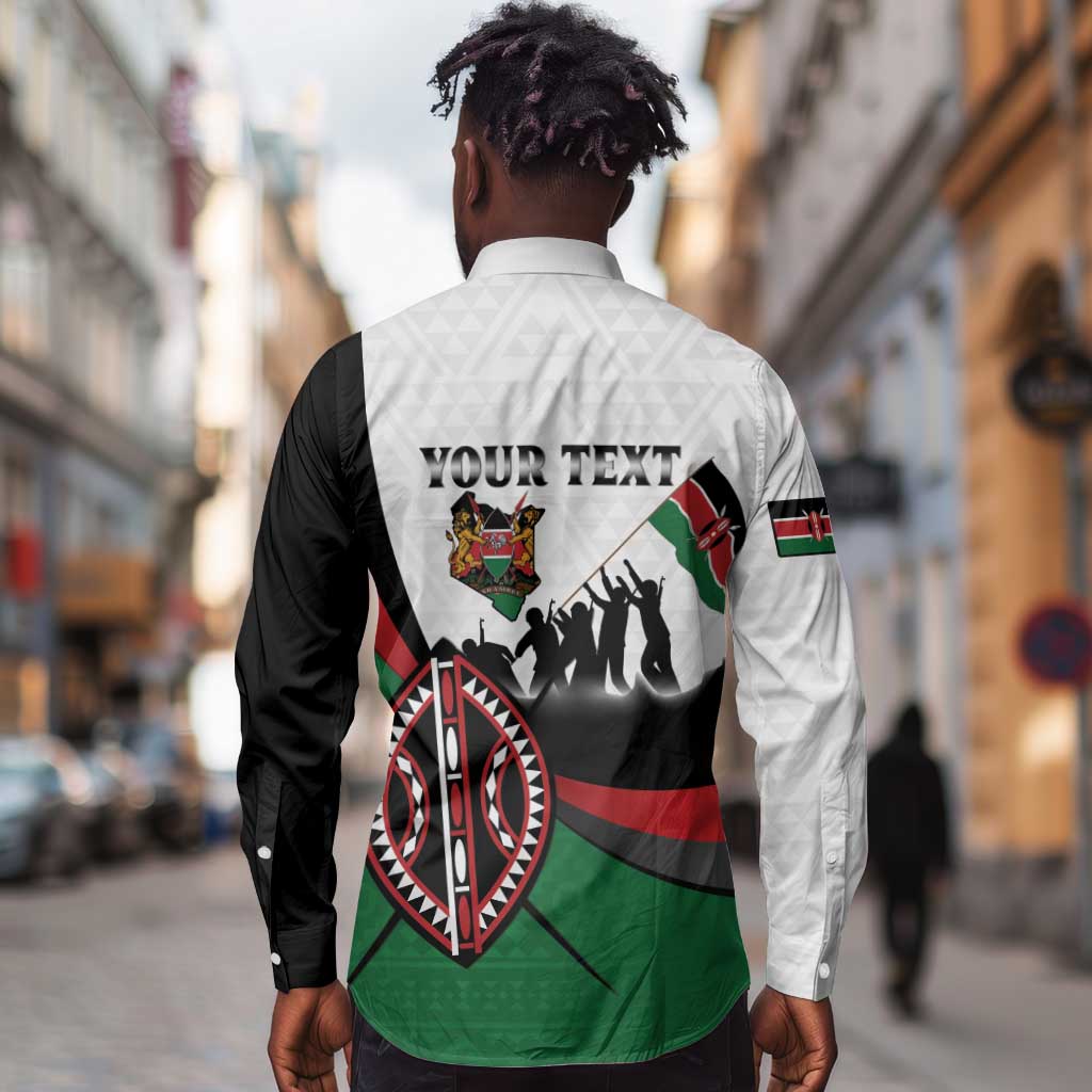 Personalised Kenya Long Sleeve Button Shirt Madaraka Day - Maasai Shield