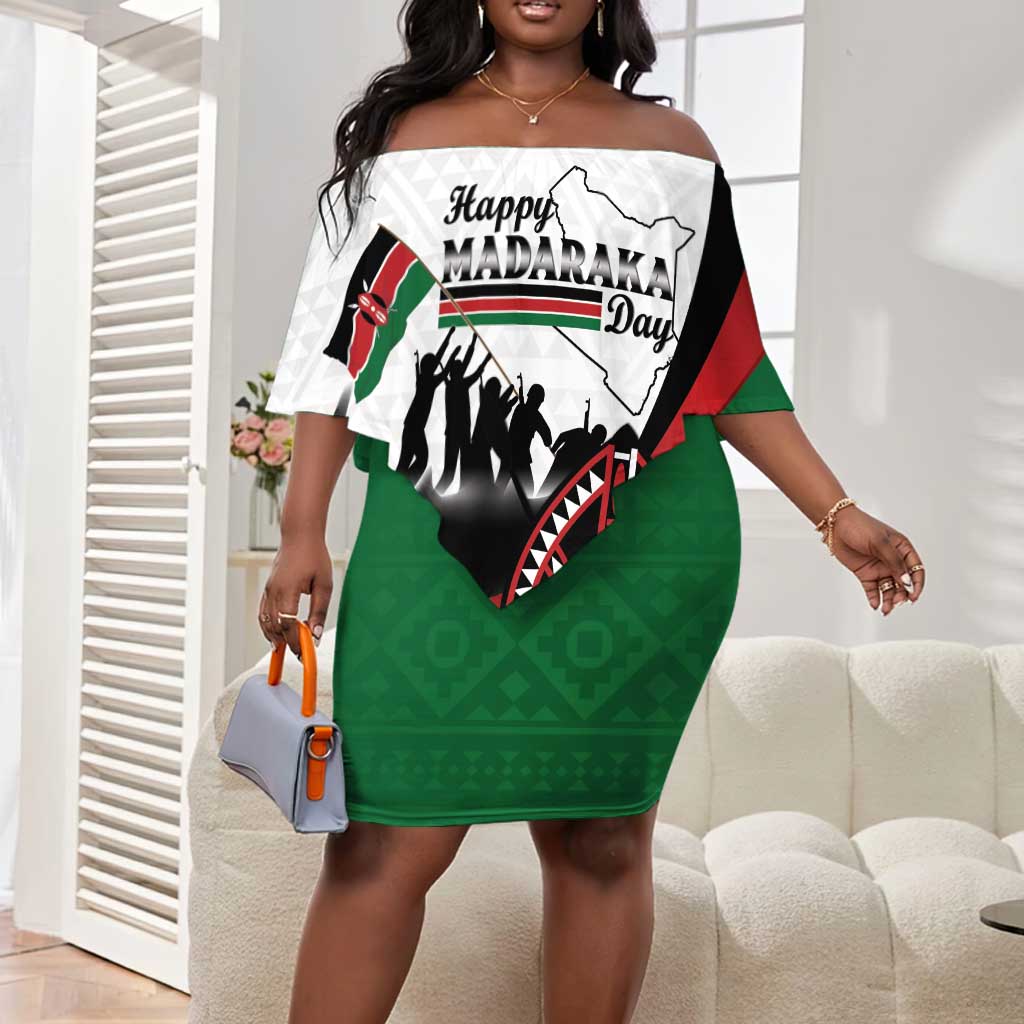 Personalised Kenya Off Shoulder Short Dress Madaraka Day - Maasai Shield