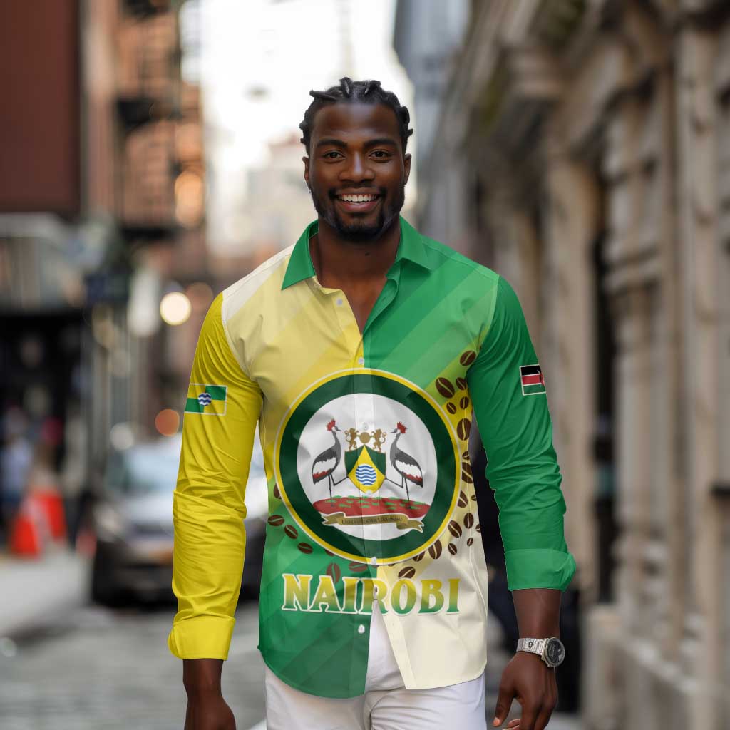 Personalised Nairobi Kenya Long Sleeve Button Shirt Coat Of Arms With Coffee