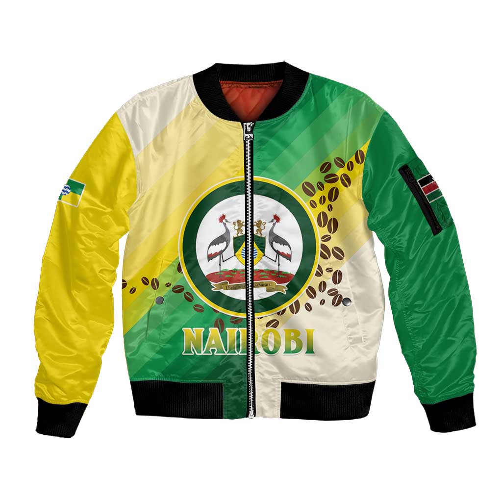 Personalised Nairobi Kenya Sleeve Zip Bomber Jacket Coat Of Arms With Coffee