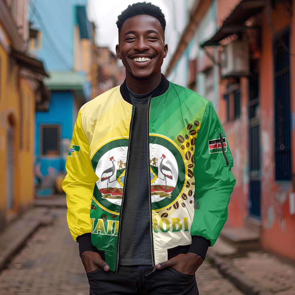 Personalised Nairobi Kenya Sleeve Zip Bomber Jacket Coat Of Arms With Coffee