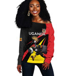 Jamhuri ya Uganda Rugby Custom Off Shoulder Sweater With Black Crowned Crane Mascot