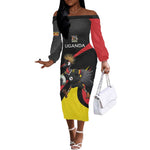 Jamhuri ya Uganda Rugby Custom Off The Shoulder Long Sleeve Dress With Black Crowned Crane Mascot