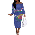 Namibia Rugby Custom Off The Shoulder Long Sleeve Dress African Fish Eagle - Flag Colors