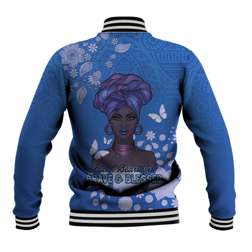 African Women Black Beautiful Brave and Bressed - Blue Color Baseball Jacket - African Pride