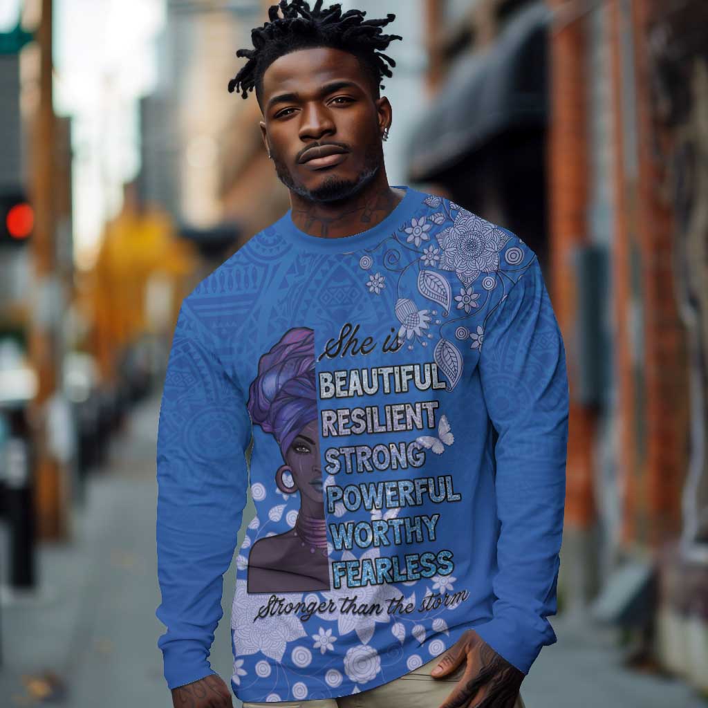 African Women Black Beautiful Brave and Bressed - Blue Color Long Sleeve Shirt - African Pride