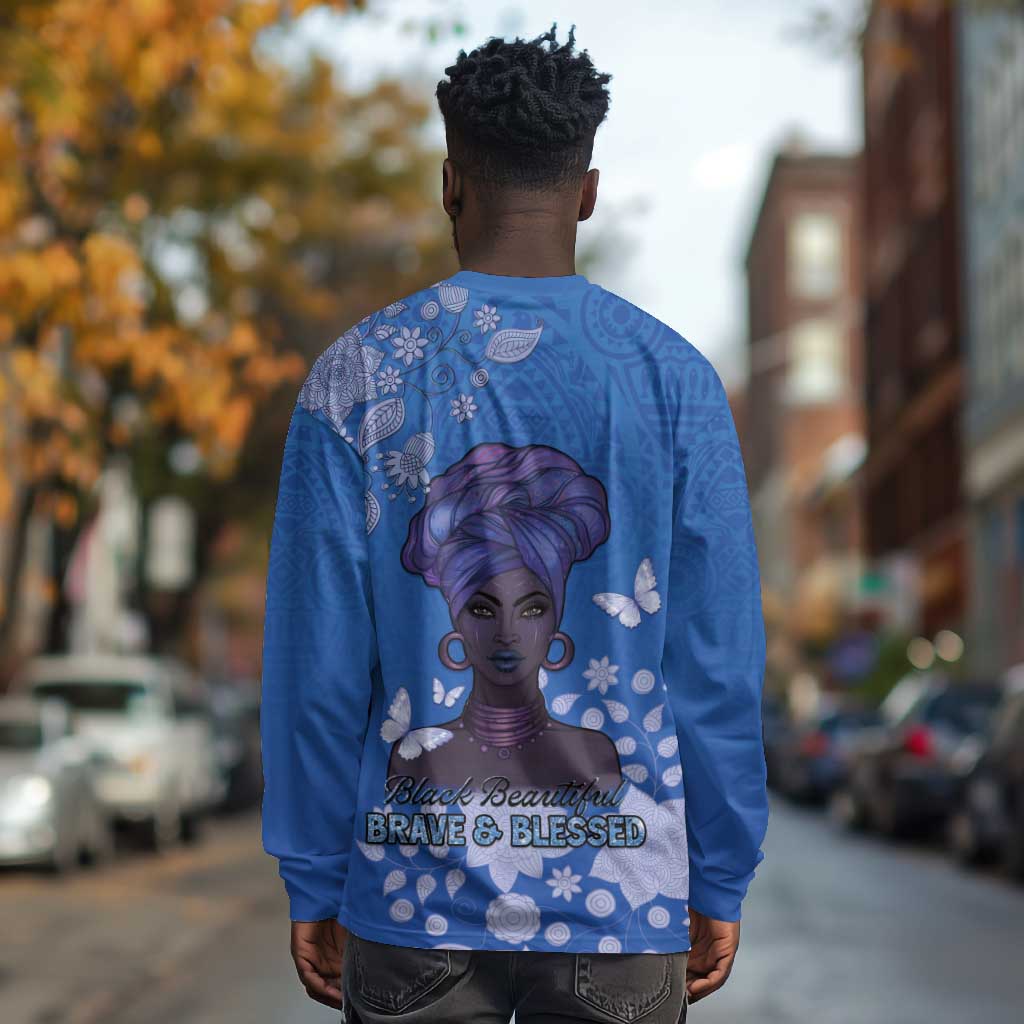 African Women Black Beautiful Brave and Bressed - Blue Color Long Sleeve Shirt - African Pride