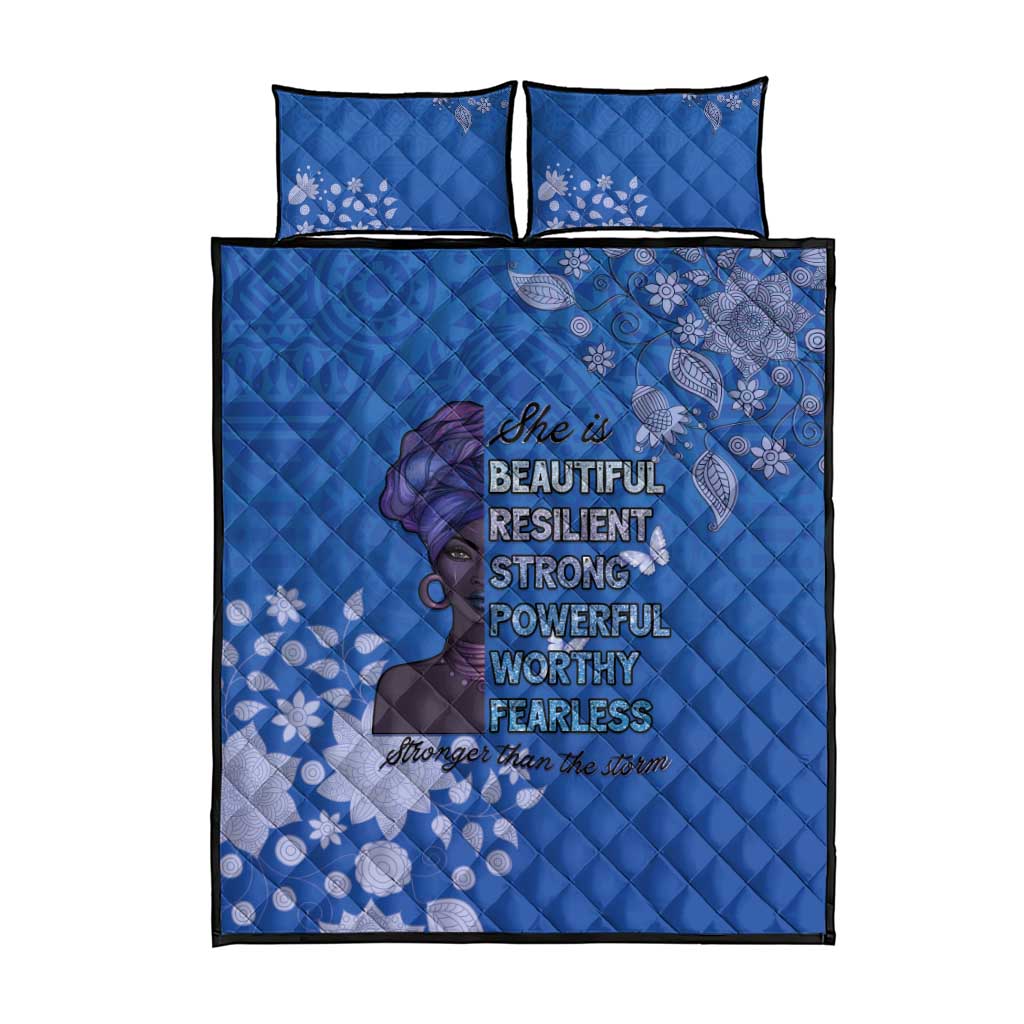 African Women Black Beautiful Brave and Bressed - Blue Color Quilt Bed Set - African Pride
