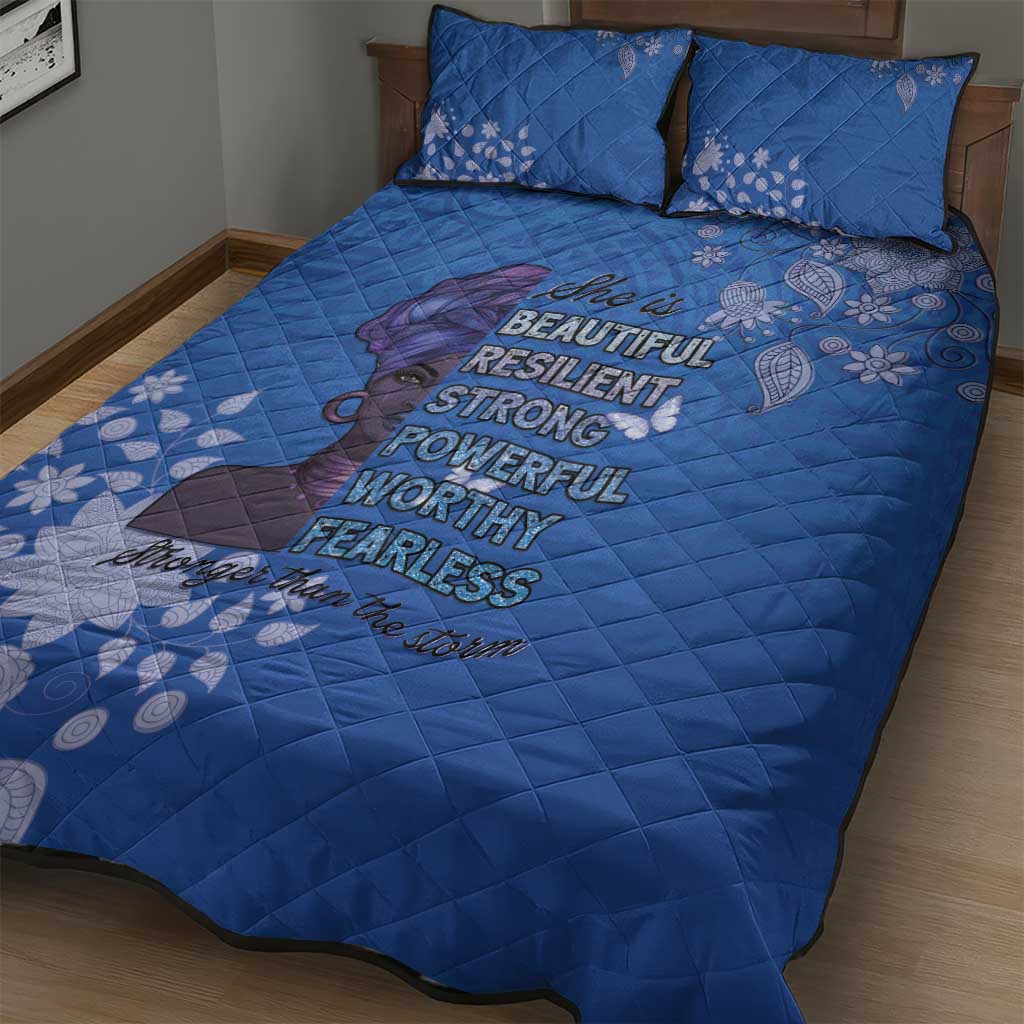 African Women Black Beautiful Brave and Bressed - Blue Color Quilt Bed Set - African Pride