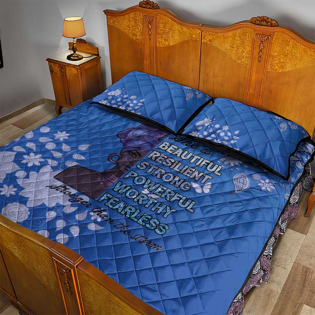 African Women Black Beautiful Brave and Bressed - Blue Color Quilt Bed Set - African Pride