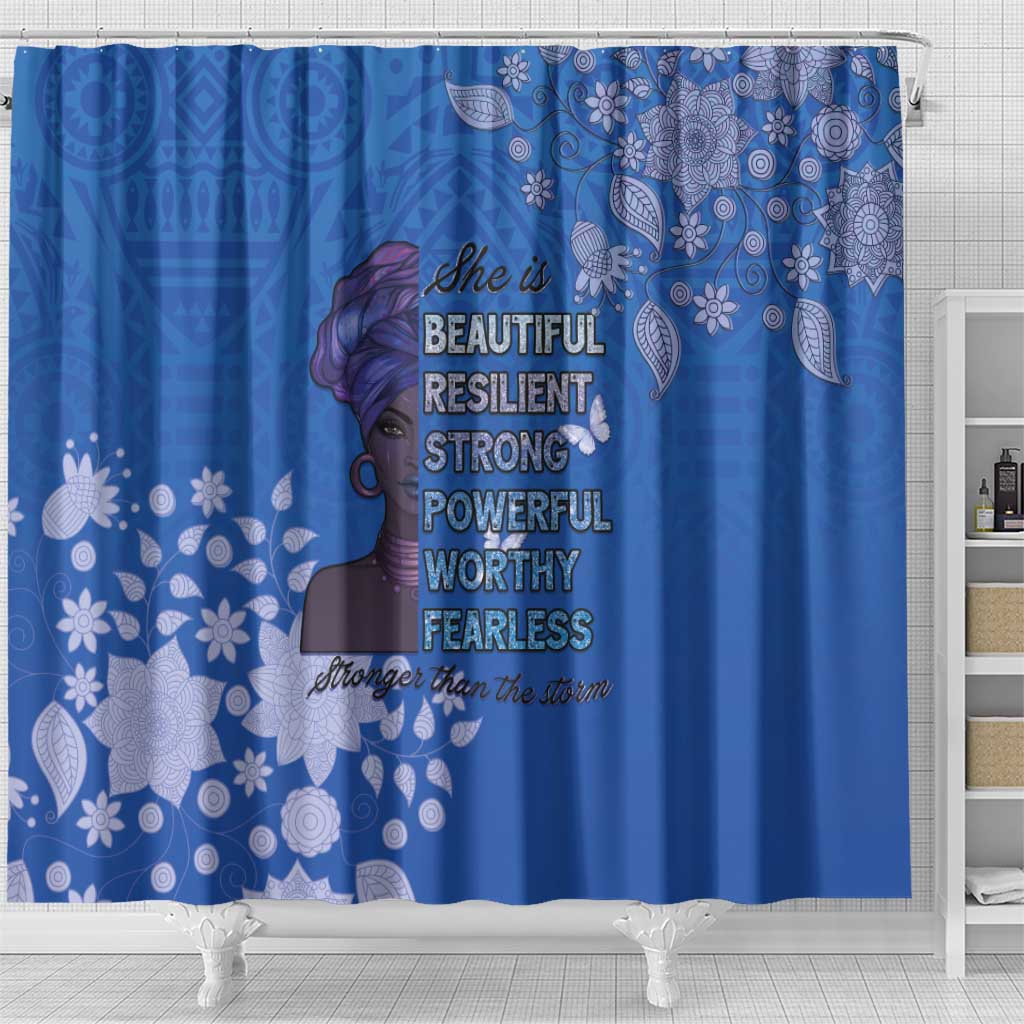 African Women Black Beautiful Brave and Bressed - Blue Color Shower Curtain - African Pride
