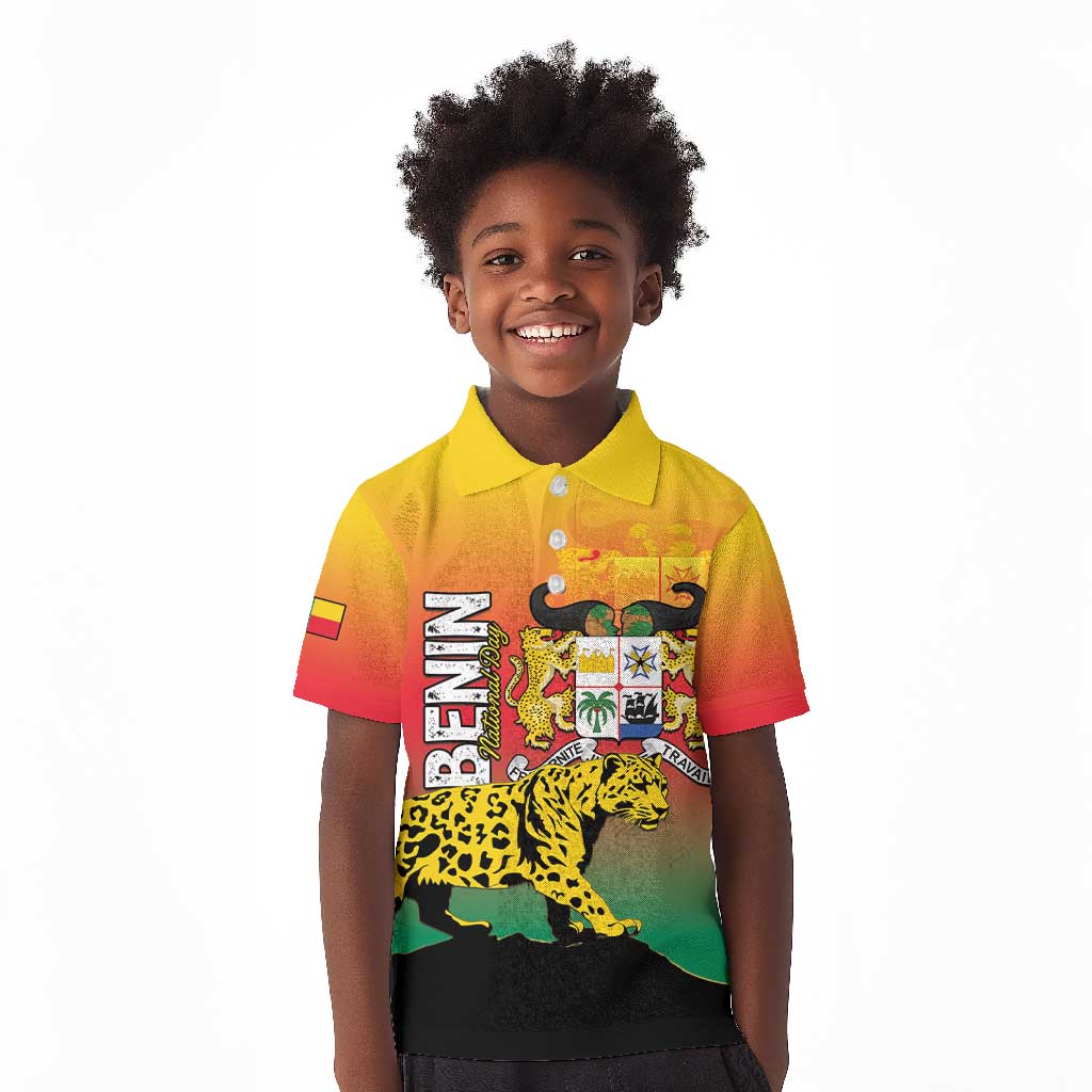 Personalized Benin National Day Kid Polo Shirt Leopard With Coat Of Arms - African Pride