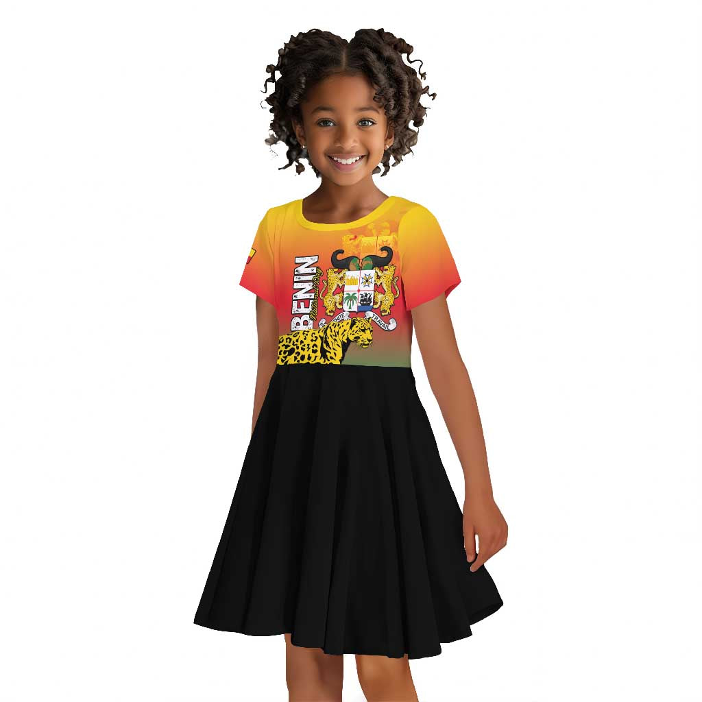 Personalized Benin National Day Kid Short Sleeve Dress Leopard With Coat Of Arms - African Pride