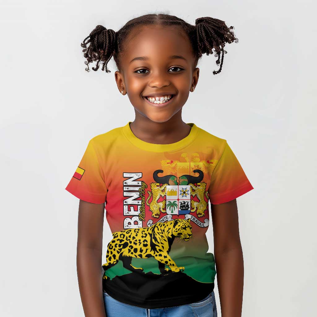 Personalized Benin National Day Kid T shirt Leopard With Coat Of Arms - African Pride