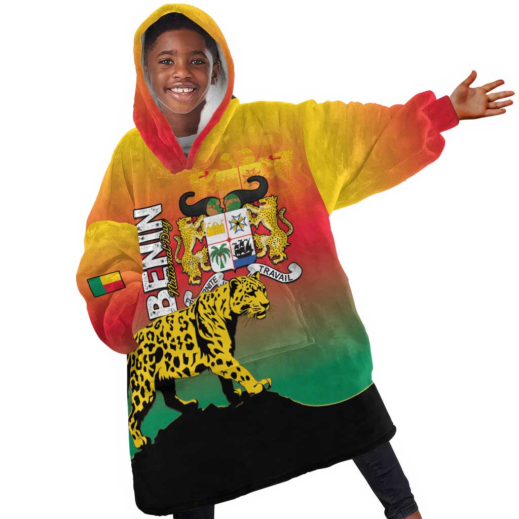 Personalized Benin National Day Kid Wearable Blanket Hoodie Leopard With Coat Of Arms - African Pride