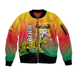 Personalized Benin National Day Sleeve Zip Bomber Jacket Leopard With Coat Of Arms - African Pride