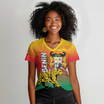 Personalized Benin National Day Women V-Neck T-Shirt Leopard With Coat Of Arms - African Pride