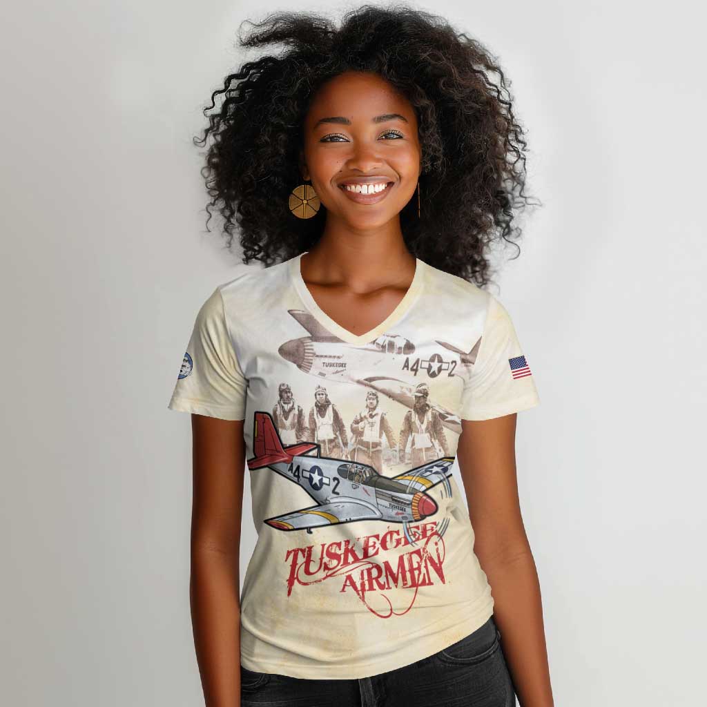 Tuskegee Airmen Women V-Neck T-Shirt Red Tails Legacy Retro Style - African Pride