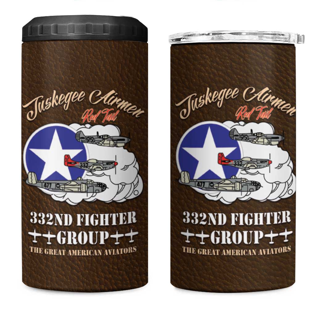 African American Aviators WWII 4 in 1 Can Cooler Tumbler Tuskegee Red Tails Airmen Brown Leather Pattern - African Pride