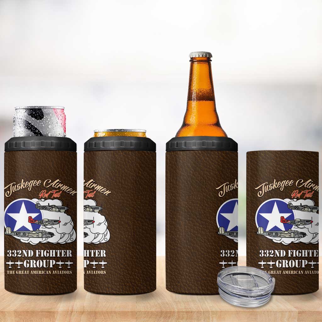 African American Aviators WWII 4 in 1 Can Cooler Tumbler Tuskegee Red Tails Airmen Brown Leather Pattern - African Pride