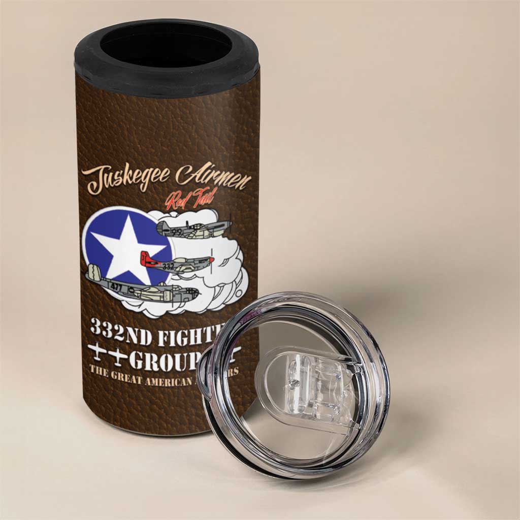African American Aviators WWII 4 in 1 Can Cooler Tumbler Tuskegee Red Tails Airmen Brown Leather Pattern - African Pride