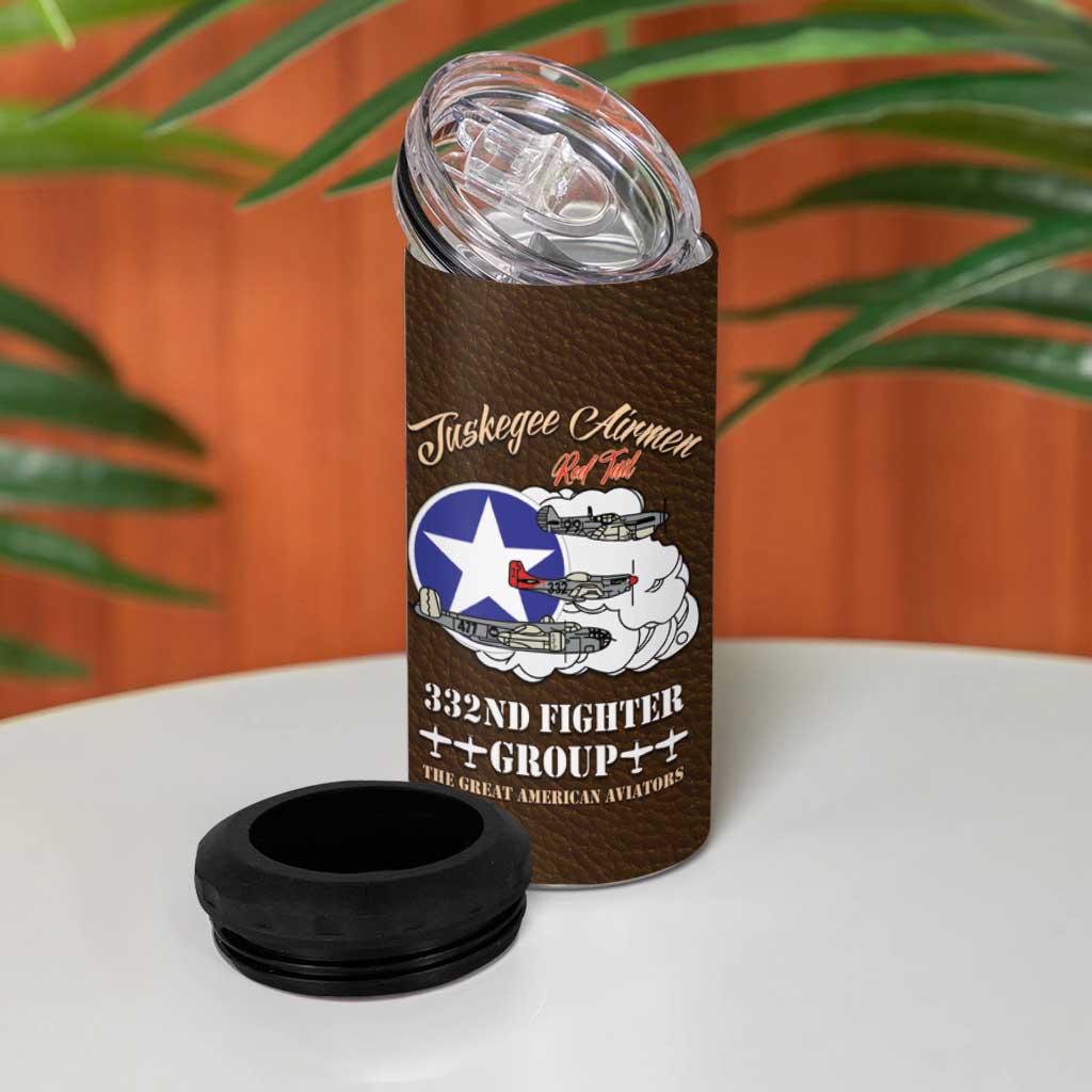 African American Aviators WWII 4 in 1 Can Cooler Tumbler Tuskegee Red Tails Airmen Brown Leather Pattern - African Pride