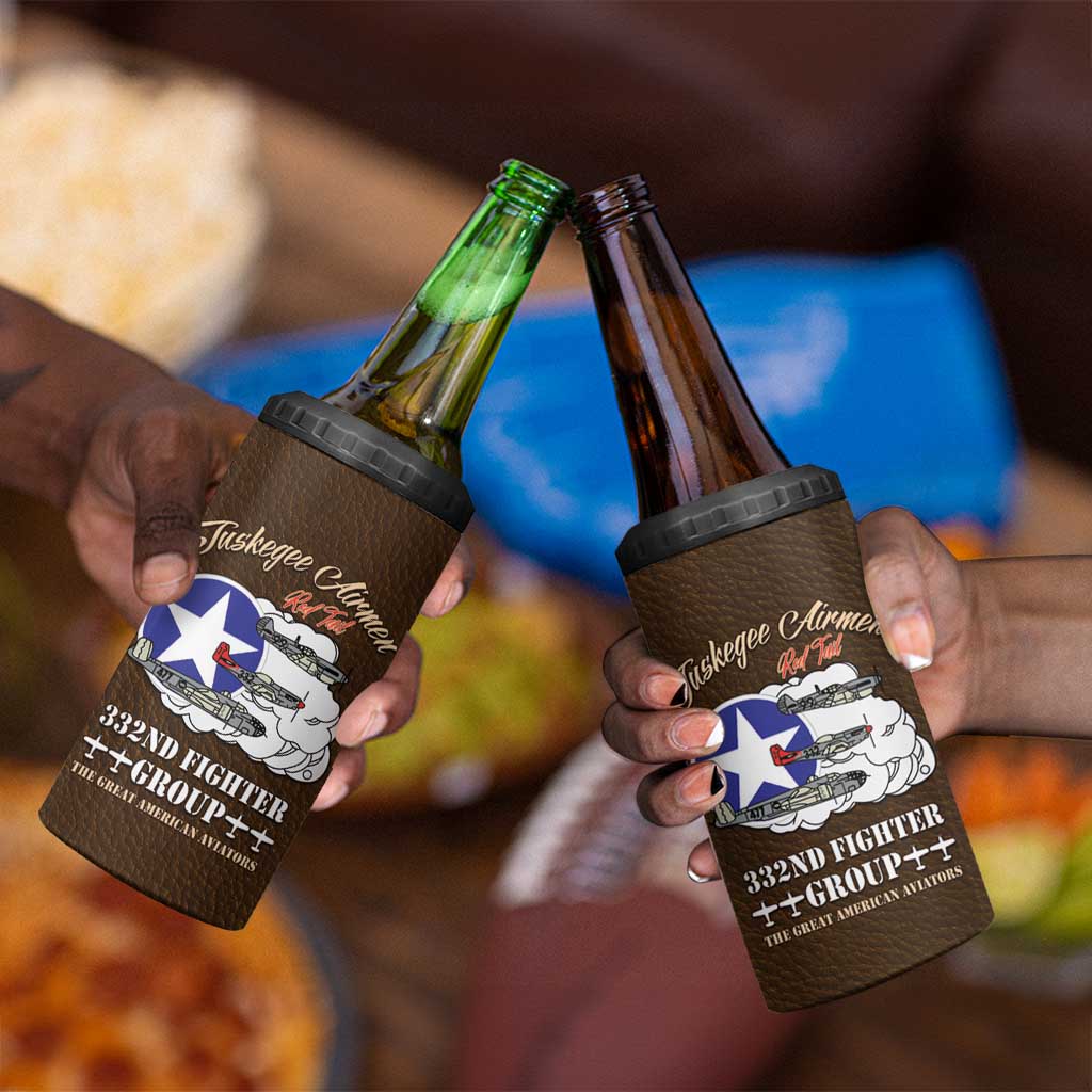 African American Aviators WWII 4 in 1 Can Cooler Tumbler Tuskegee Red Tails Airmen Brown Leather Pattern - African Pride