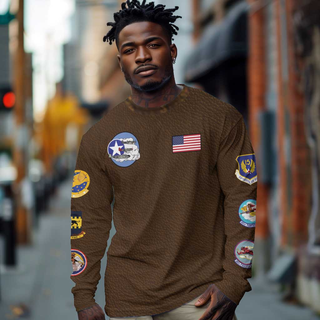 African American Aviators WWII Long Sleeve Shirt Tuskegee Red Tails Airmen Brown Leather Pattern - African Pride