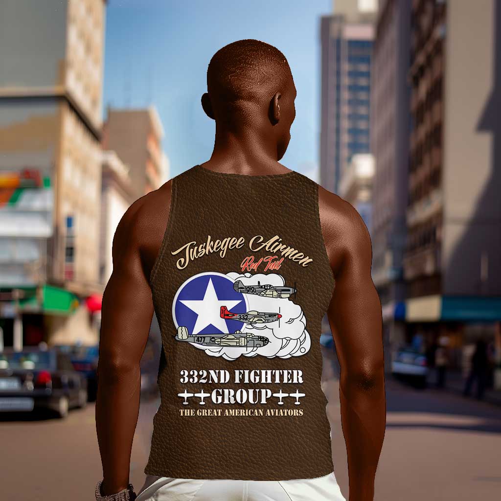 African American Aviators WWII Men Tank Top Tuskegee Red Tails Airmen Brown Leather Pattern - African Pride
