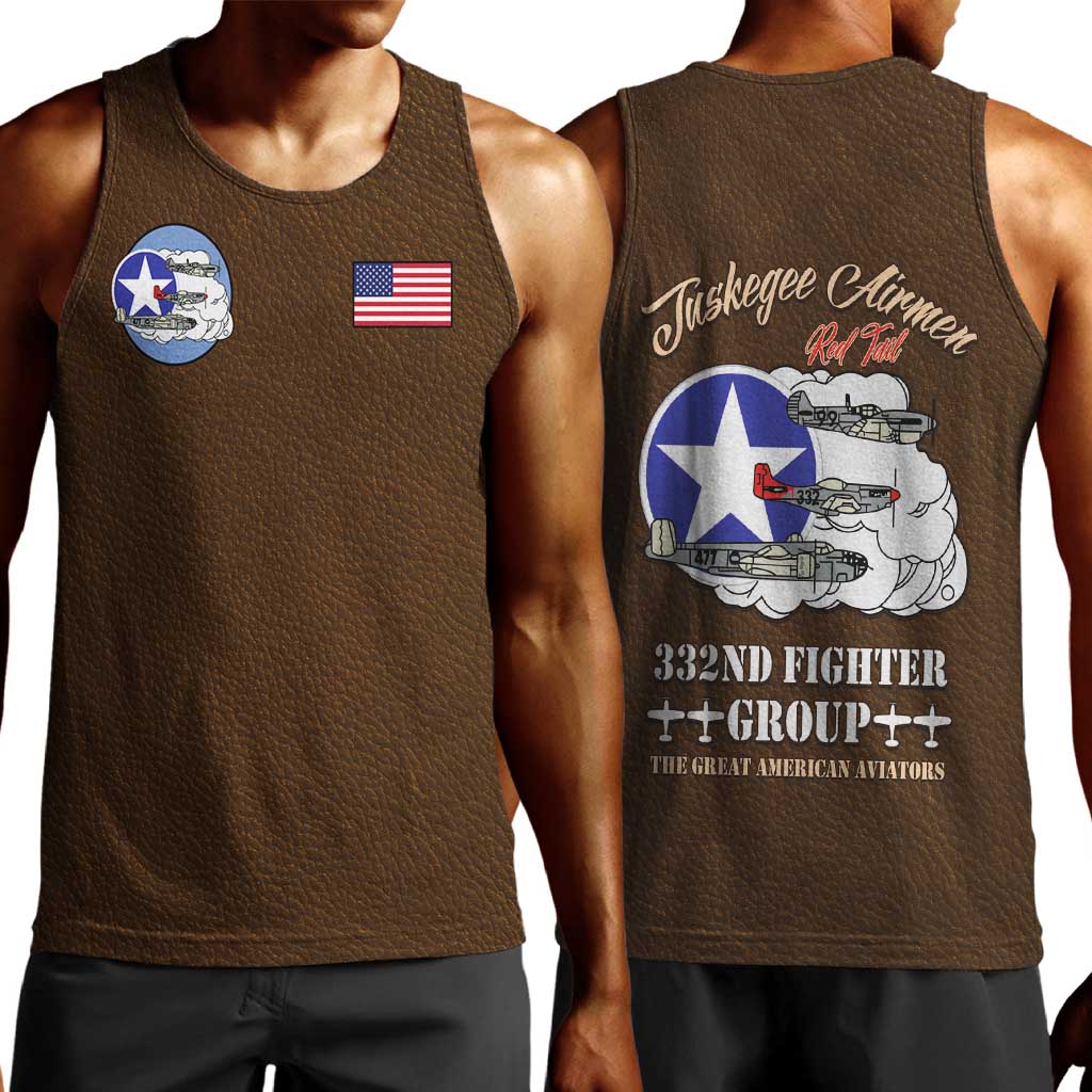 African American Aviators WWII Men Tank Top Tuskegee Red Tails Airmen Brown Leather Pattern - African Pride
