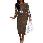 African American Aviators WWII Off The Shoulder Long Sleeve Dress Tuskegee Red Tails Airmen Brown Leather Pattern - African Pride