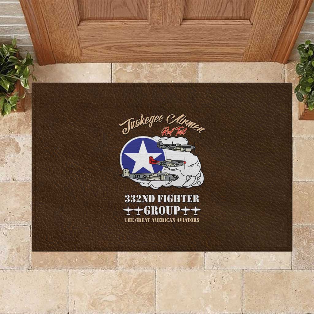 African American Aviators WWII Rubber Doormat Tuskegee Red Tails Airmen Brown Leather Pattern - African Pride