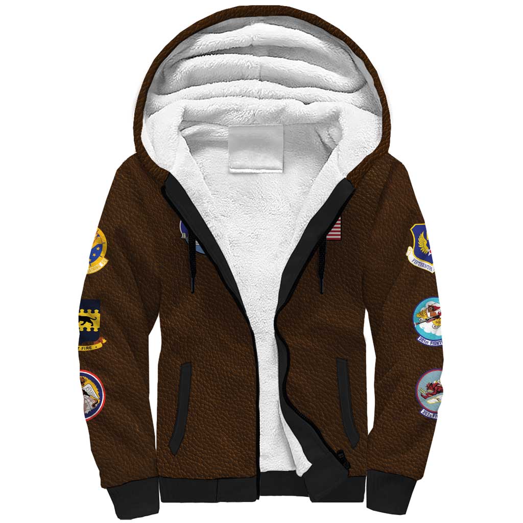 African American Aviators WWII Sherpa Hoodie Tuskegee Red Tails Airmen Brown Leather Pattern - African Pride