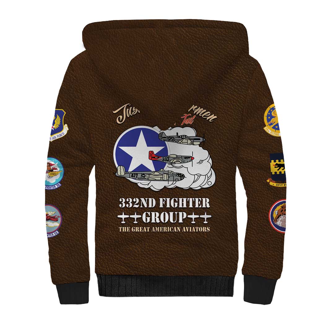 African American Aviators WWII Sherpa Hoodie Tuskegee Red Tails Airmen Brown Leather Pattern - African Pride