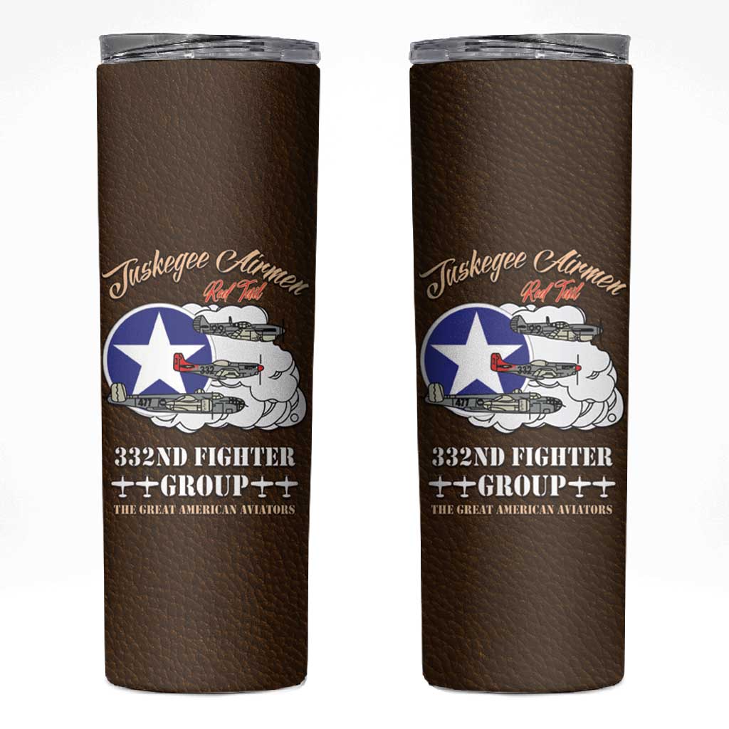 African American Aviators WWII Skinny Tumbler Tuskegee Red Tails Airmen Brown Leather Pattern - African Pride