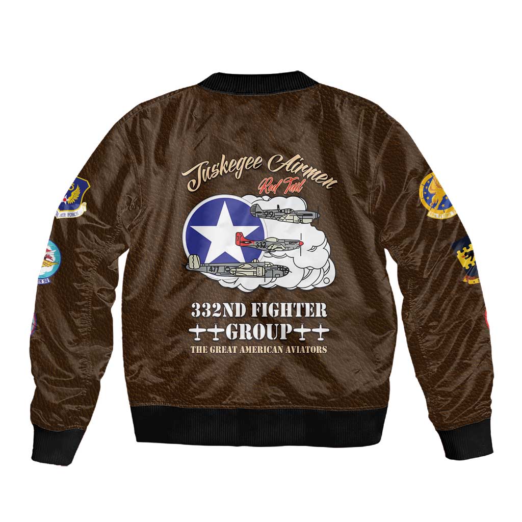 African American Aviators WWII Sleeve Zip Bomber Jacket Tuskegee Red Tails Airmen Brown Leather Pattern - African Pride