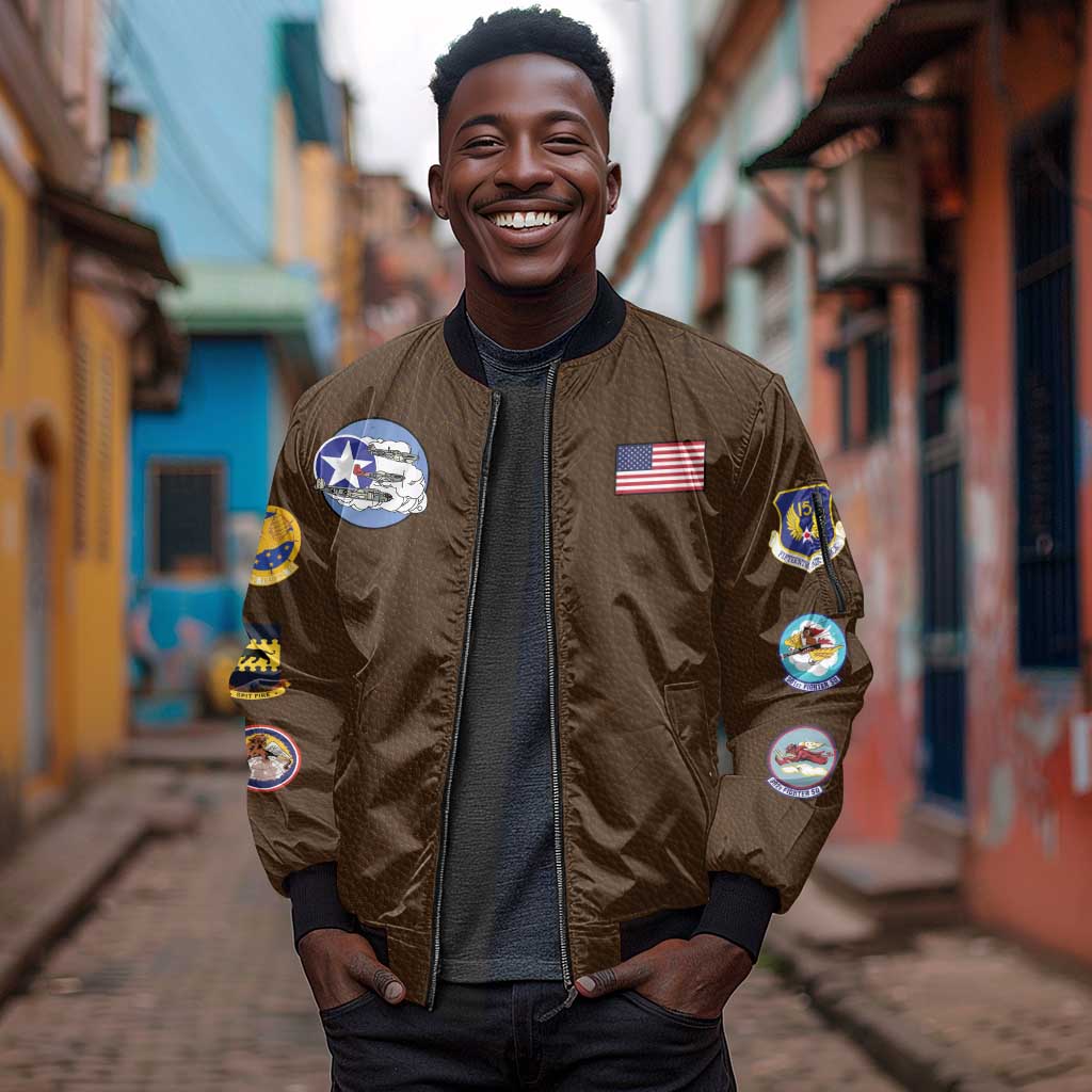 African American Aviators WWII Sleeve Zip Bomber Jacket Tuskegee Red Tails Airmen Brown Leather Pattern - African Pride
