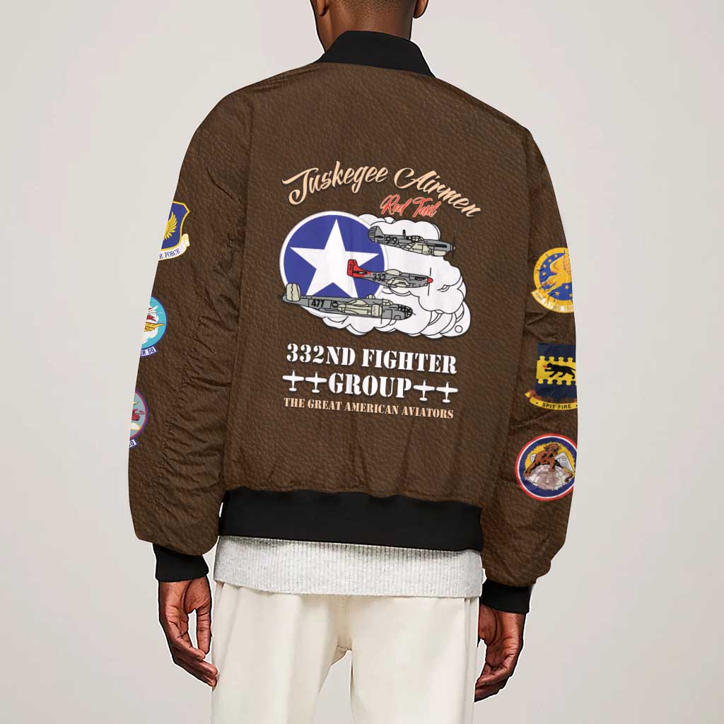 African American Aviators WWII Sleeve Zip Bomber Jacket Tuskegee Red Tails Airmen Brown Leather Pattern - African Pride